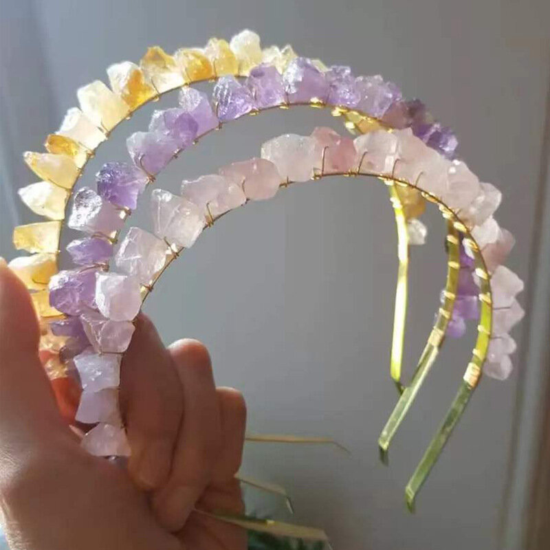 New In Natural Raw Stone Citrines Fluorite Crown Hair Band Wire Wrap Headwear Hair Accessories Jewelry Women Gift