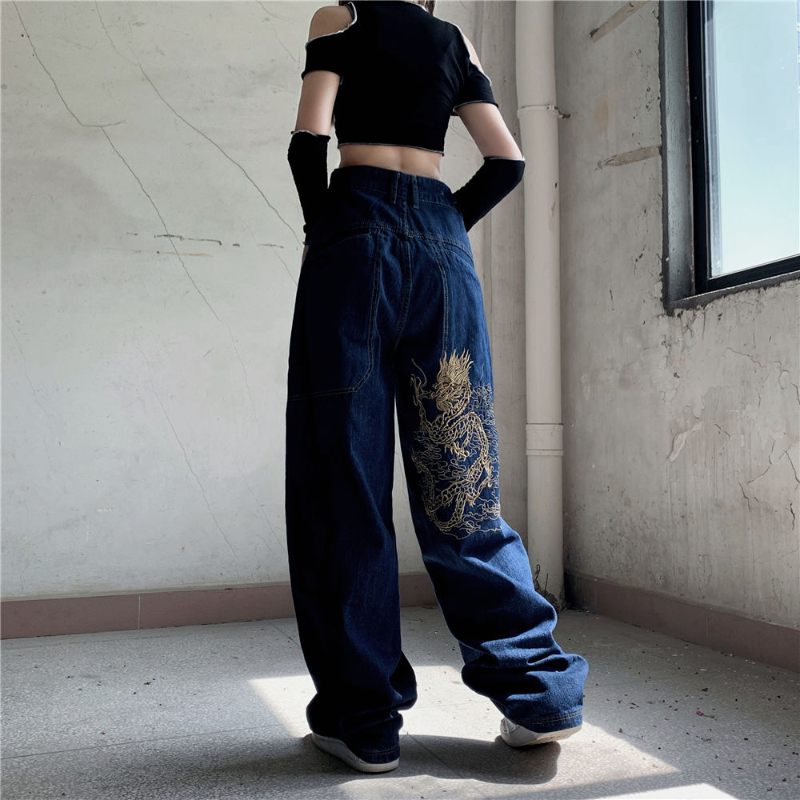 American retro street-pantalones vaqueros holgados bordados de pierna recta para mujer, pantalón informal que combina con todo, de cintura alta, de pierna ancha, 2021