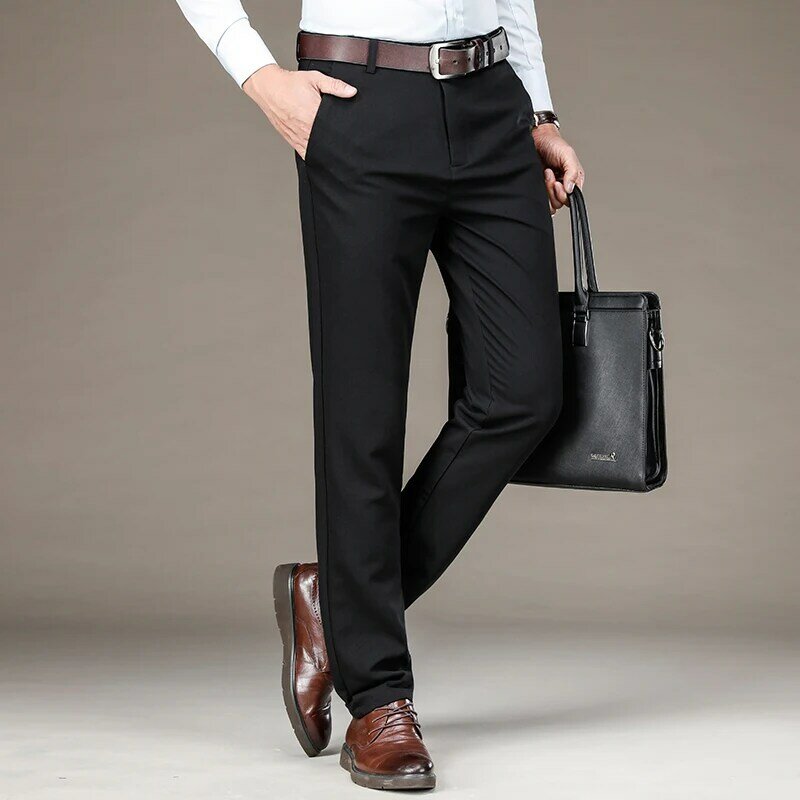 Calças masculinas de cintura média preto negócios sem ferro casual cor sólida anti rugas azul fino algodão tubo reto calças