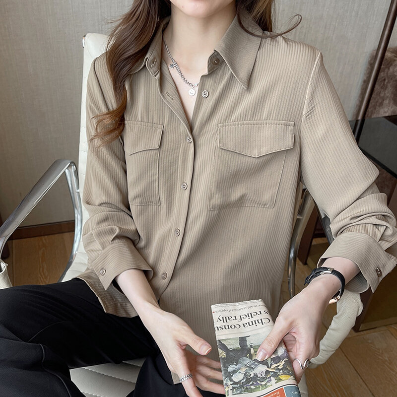 Sólido enrugado listras camisa feminina 2022 primavera novo solto all-match projetado solto topo moda coreana bolsos de mujer