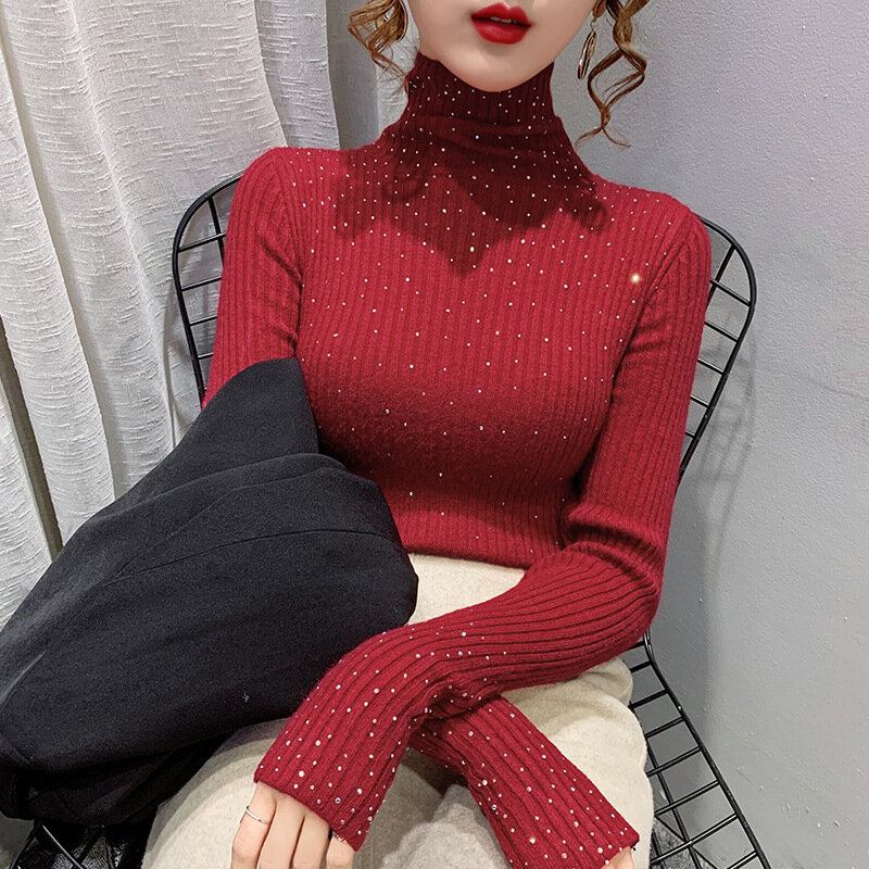 WAYOFLOVE Winter Turtleneck Sweaters Women Sparkling Diamond Tops Slim Fit Pullover Women Knitted Sweater Jumper Thick Warm Pull