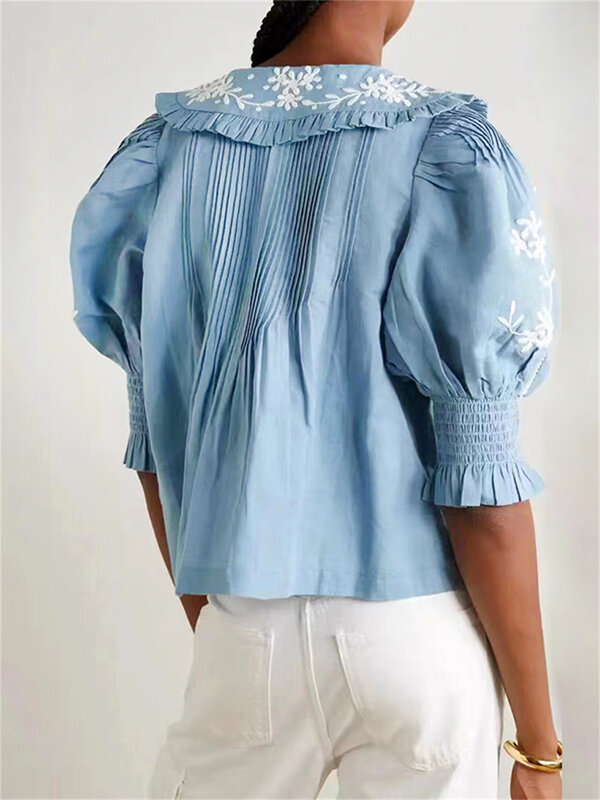 Women's Floral Embroidery Single-Breasted Shirt 2023 Spring New Ladies Peter Pan Collar Palace Puff Sleeve Sweet Pleated Blouse