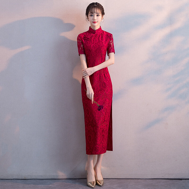 Stile cinese per la sposa femminile-Toast 2022 nuova gonna Cheongsam auto-coltivazione di media lunghezza rosso vino e rosso per la primavera