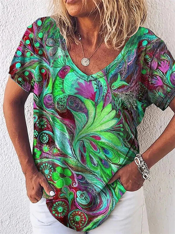 2022 das mulheres do verão pintura abstrata t shirt gráfico graffiti nova impressão com decote em v básico camisa feminina solta mais tamanho pulôver