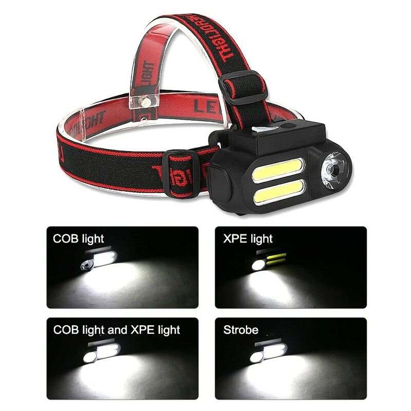 Mini lampe frontale Portable à LED XPE + COB, alimentée par batterie 18650 Rechargeable par USB, idéale pour la pêche ou le Camping
