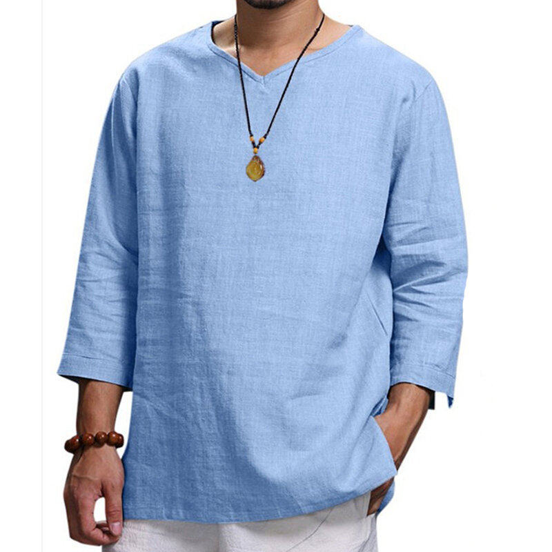 Blus Kasual Pria Baru 2023 Kaus Linen Katun Atasan Longgar Kaus Lengan Panjang Kaus Pria Tampan Kasual Musim Semi Musim Gugur