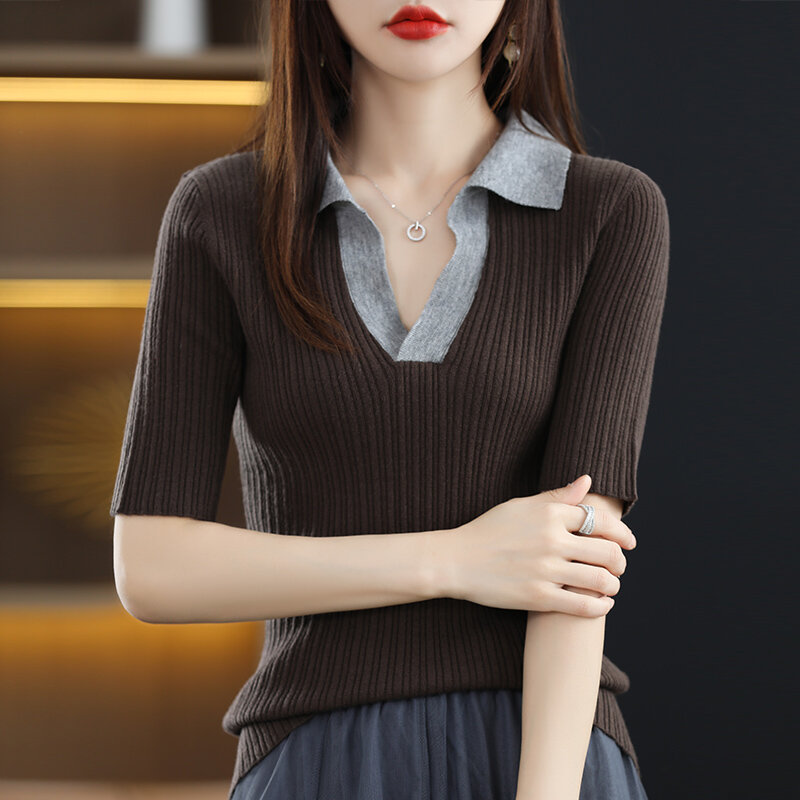 Camisola feminina de malha de manga curta camiseta pulôver verão 2022 nova fibra de bambu meia manga gola polo fino coreano