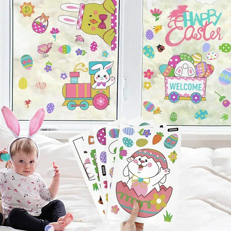 Wesołych świąt wielkanocnych samoprzylepne okno naklejki królik jajko laska Cartoon zdejmowana naklejka na ścianę dla dzieci pokój naklejki domu wielkanoc wystrój
