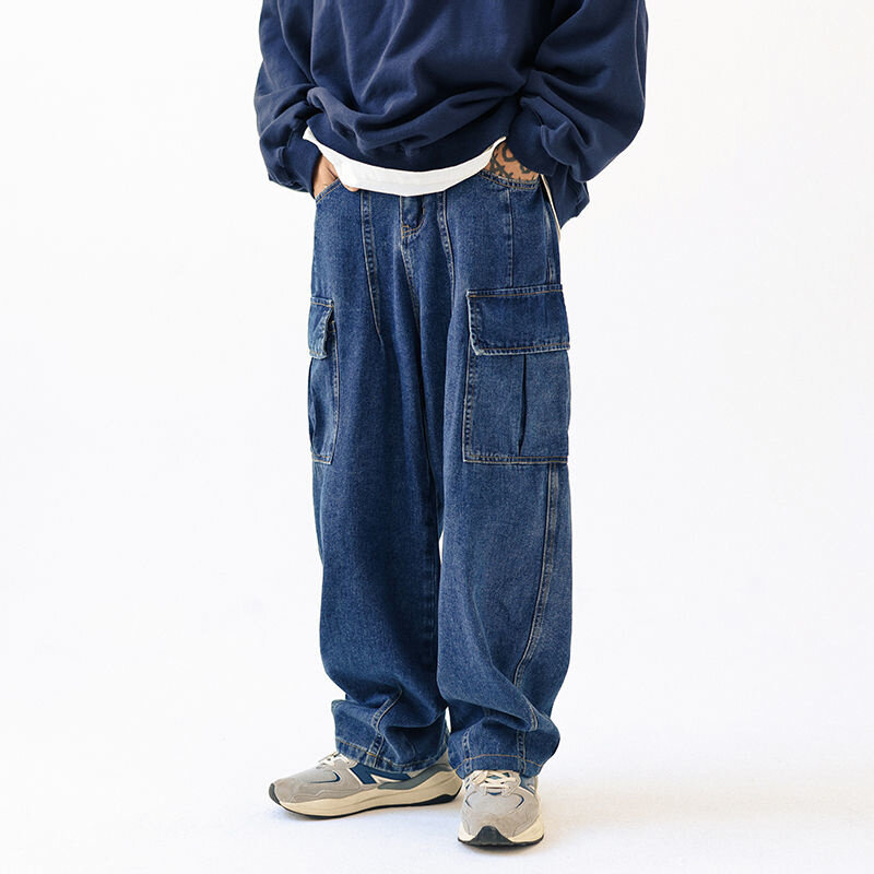 Jeans Baggy Biru Hitam Jeans Kargo Saku Kasual Fashion Pria Celana Denim Lurus Longgar Hip Hop Celana Panjang Pria