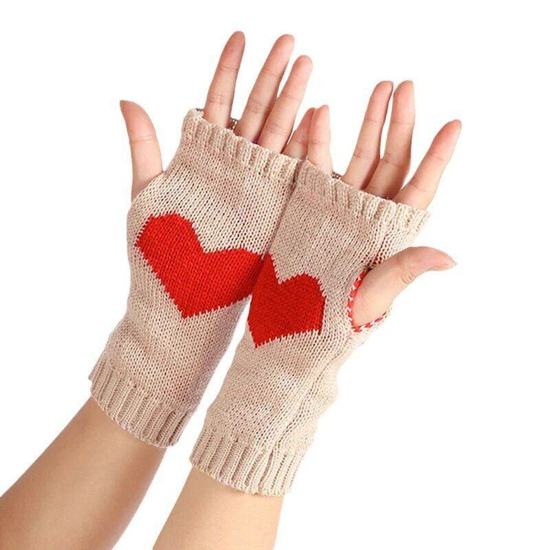 Женские зимние перчатки для сенсорного экрана, плотные теплые вязаные перчатки с принтом сердечек, перчатки без пальцев, уличные лыжные защитные принадлежности
