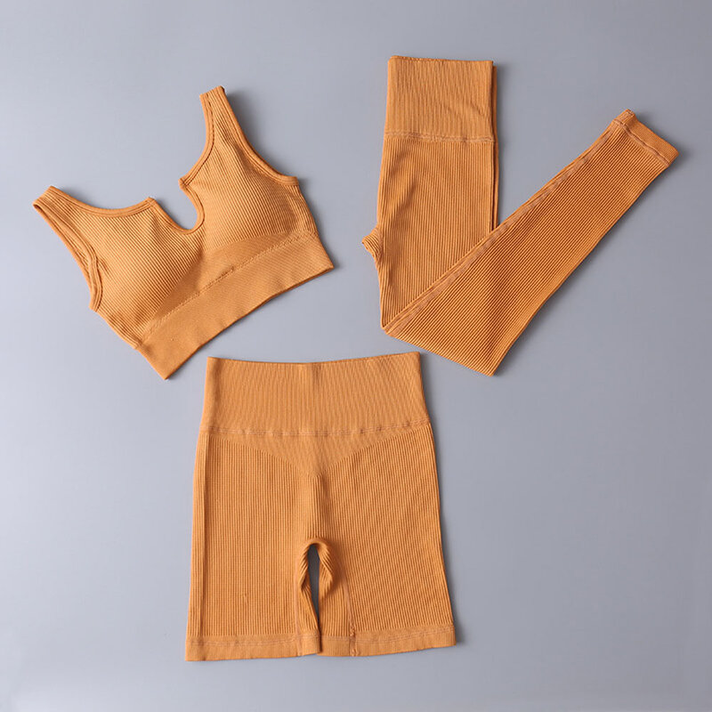 Conjunto de yoga com nervuras conjunto de duas peças do esporte feminino terno de fitness conjuntos de ginástica roupas femininas leggings sutiã esportivo shorts treino