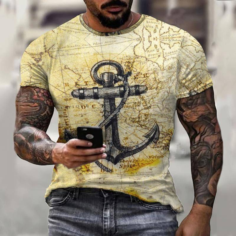 Novo verão 3d âncora camiseta masculina 0 pescoço confortável casual impressão superior rua mapa moda topo manga curta