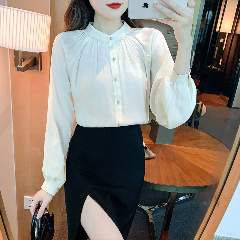 Camicia da donna accogliente colletto alla coreana in raso sciolto manica lunga lanterna raso femminile tempo libero Top Dropshipping camicia da lavoro da donna per ufficio
