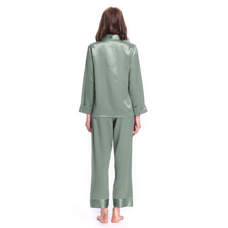 Set Piyama Solid Sutra Asli 22 Momme Wanita Berpotongan Lengan Panjang Mode Baju Tidur Nyaman Baru untuk Wanita