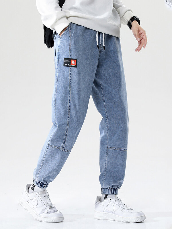 Pantalones vaqueros holgados de algodón sólido para hombre, Jeans elásticos hasta el tobillo, ropa de calle informal Harem, primavera y verano, 2022