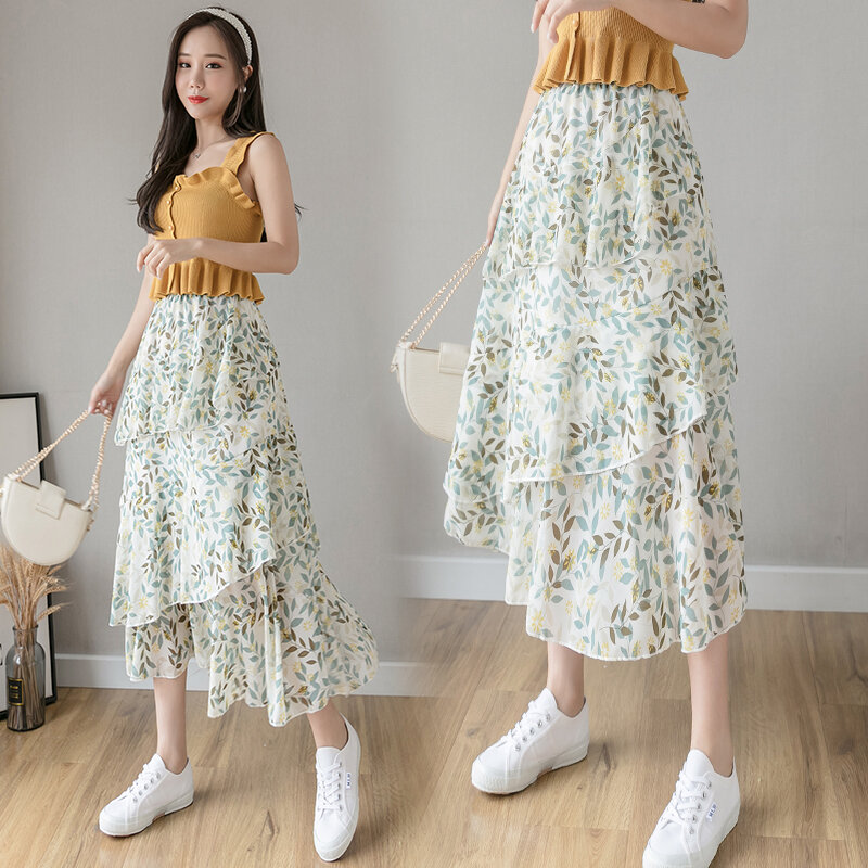 Wisher&Tong Women's Floral Skirt High Waist Korean Fashion Chiffon Skirt Female Floral Print Midi Long Skirts Spring 2022