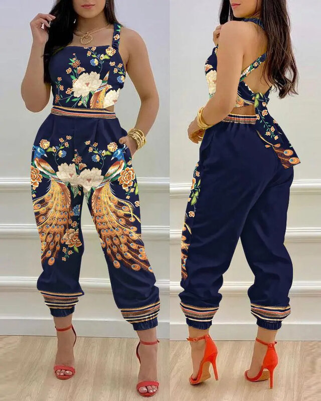 Macacão feminino 2023 novo estilo de moda primavera verão impresso sem mangas cinta alta rua casual macacão