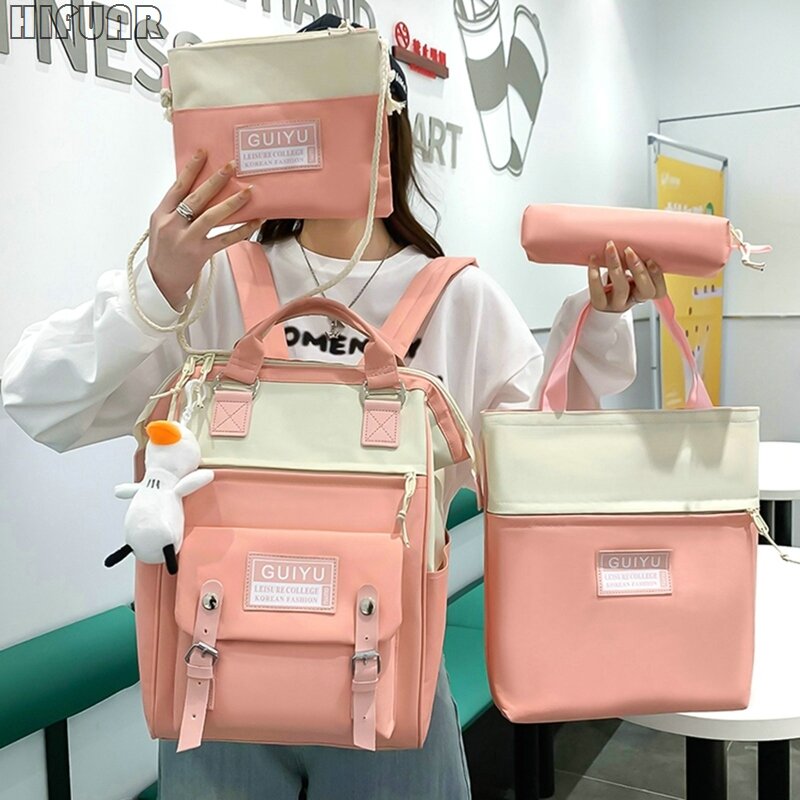 Lona meninas moda schoolbag grande capacidade estudante coreano mochila all-match multifuncional 4 peça conjunto bolsa sac a dos