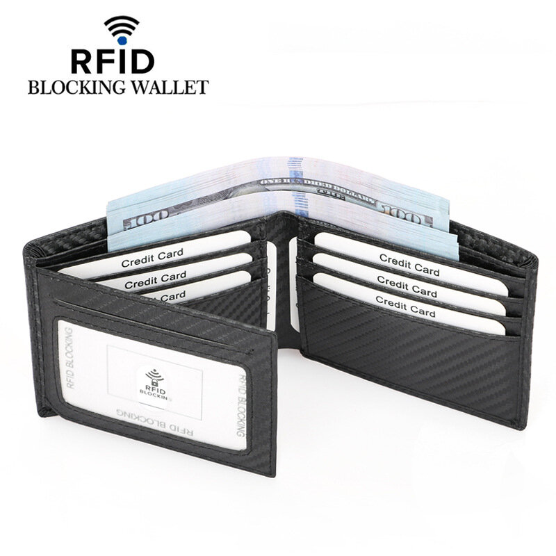 Fashion Carbon Fiber Pattern Leather Men's Trifold Wallet With RFID Blocking Credit ID Card Holder