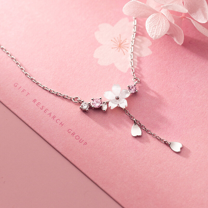 100% 925 Sterling Silver Flower-Shape Pink Zirconia Pendant Necklace For Women Fashion Fine Jewelry