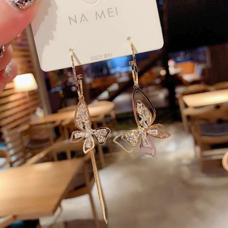 Pendientes de mariposa asimétricos de cristal para mujer, aretes de plata 925, moda coreana, 2022