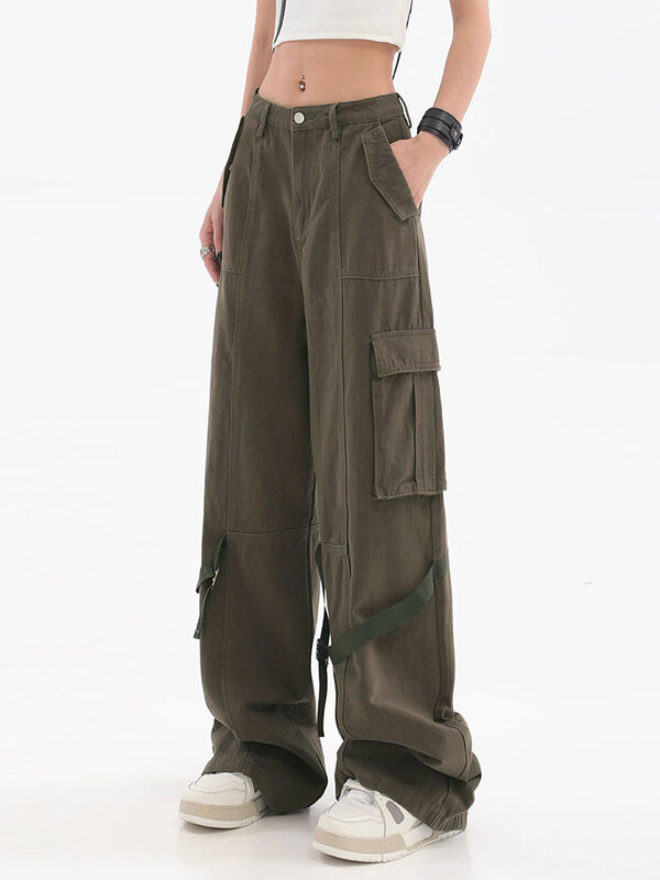 2022 jesień Vintage główna ulica Baggy Cargo spodnie damskie Y2k Streetwear luźna szeroka nogawka spodnie damskie Casual Straight Cargo Trouser