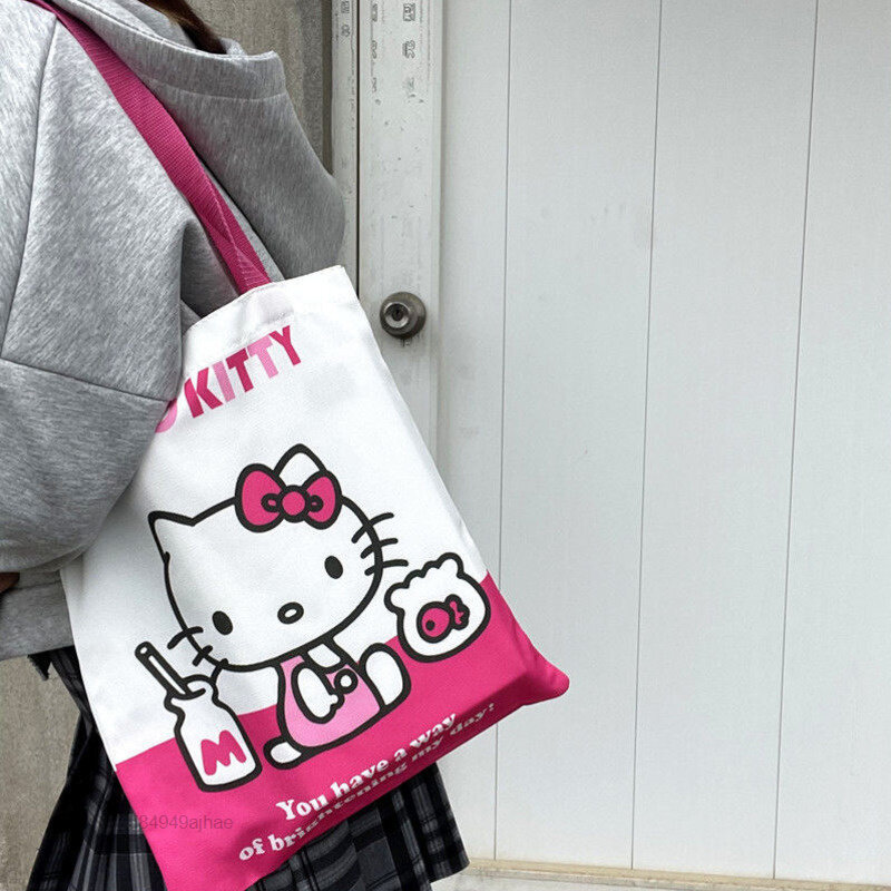Tas Sanrio Hello Kitty Tas Belanja Kanvas Manis Wanita Tas Bahu Kartun Siswa Tas Tangan Kasual Luar Ruangan Tote Wanita Y2k