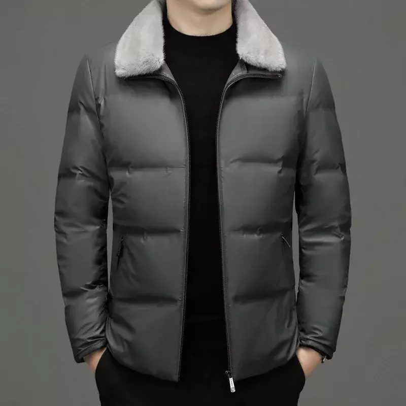 Jaqueta de couro masculino, casaco de couro de inverno, gola polo simples, casaco de pele espessa, novo