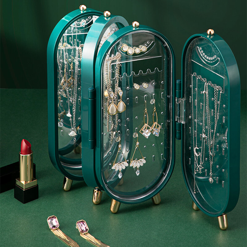 Caja de almacenamiento de joyas para el hogar, soporte de exhibición de collar y pendientes de alta capacidad, estuche organizador de joyería plegable con pantalla Retro de lujo