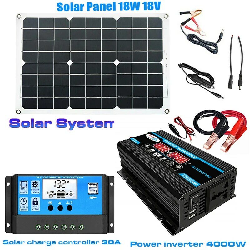 2023 110V/220V 태양 전지판 시스템 18 v18 W 태양 전지판 30a 충전 컨트롤러 4000W 자동차 태양광 인버터 키트, 완전한 전력