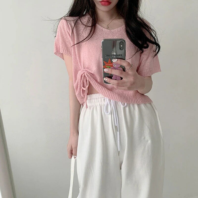 여성 한국어 핑크 니트 스웨터, v넥 드로스트링 반팔 캐주얼 심플한 빈티지 패션 헐렁한 여성 상의, 여름용