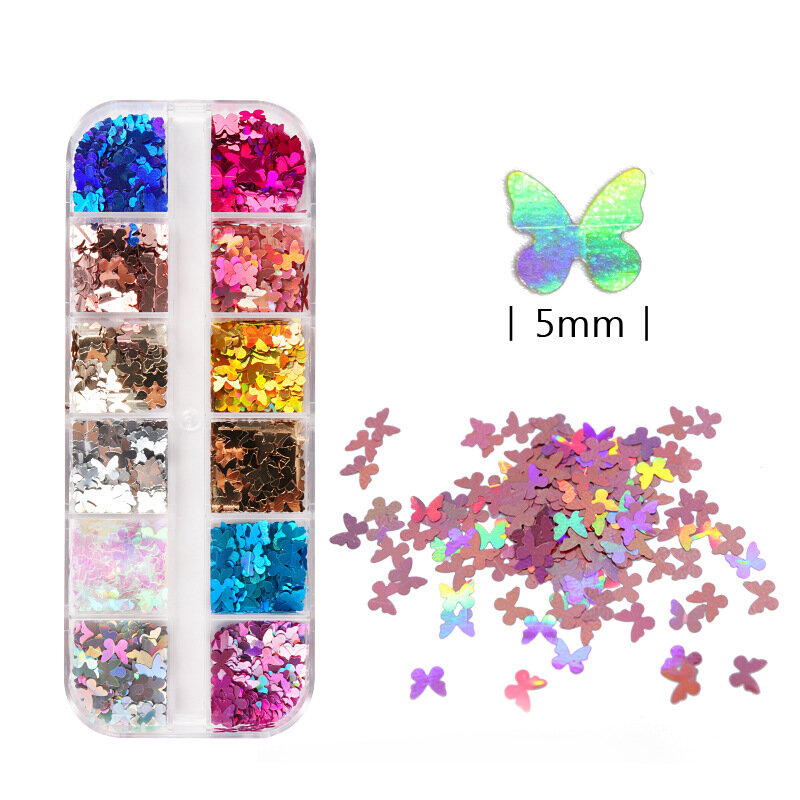 Caja acrílica con purpurina y mariposa láser para decoración de uñas, accesorios de Arte de uñas coloridos, bricolaje para maquillaje y profesionales de uñas