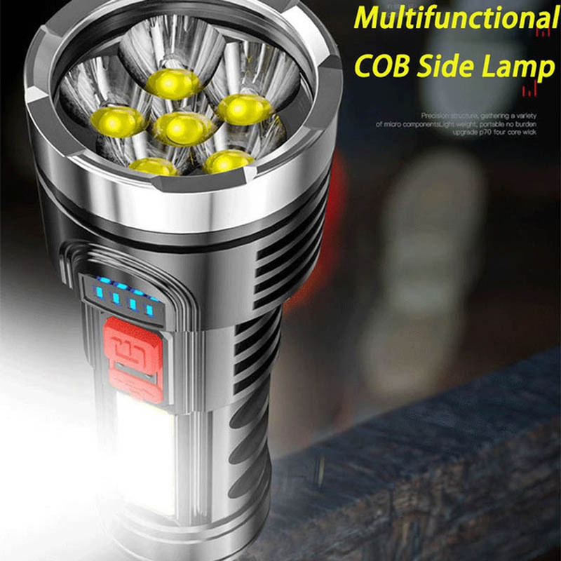 6 Core High Power Tactical LED Flashlight COB USB Rechargeable Outdoor Super Bright Lighting Torch ABS Material Fishing Camping