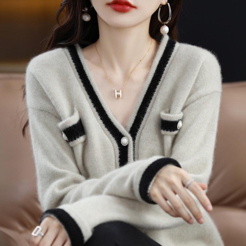 New Autumn And Winter V-Neck Color Matching Wool Cardigan Women's Loose Sweater Long Sleeve Knitted Bottoming Sweater Coat