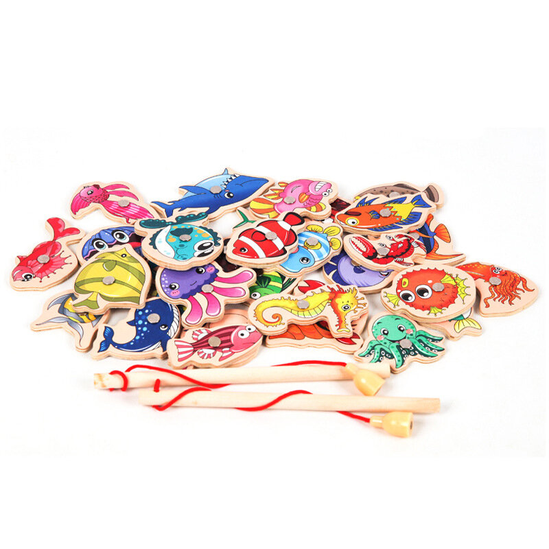 Деревянные магнитные рыболовные детские игрушки Монтессори, морская жизнь, познавательные игры для рыб, развивающие интерактивные рыболовные игрушки для родителей и детей