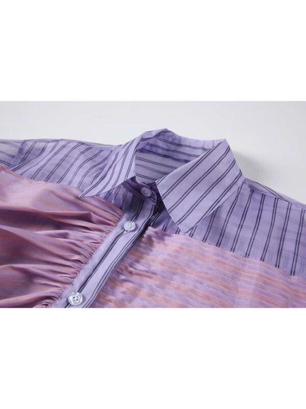 Camisa roxa de nicho blusa feminina design francês sentido solto sathion plissado rendas costura listrado manga comprida fina topos feminino