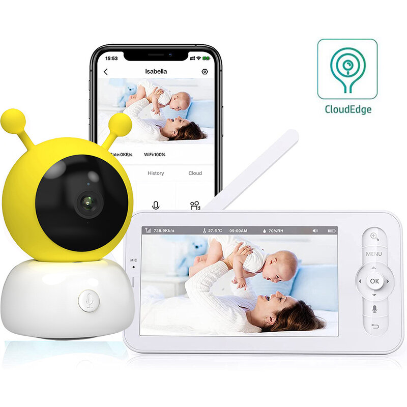 5 Inci Monitor Bayi Nirkabel Telepon Bayi Video Keamanan Kamera Bayi Bebe Pengasuh HD Penglihatan Malam PTZ Pemantauan Suhu Lagu Pengantar Tidur