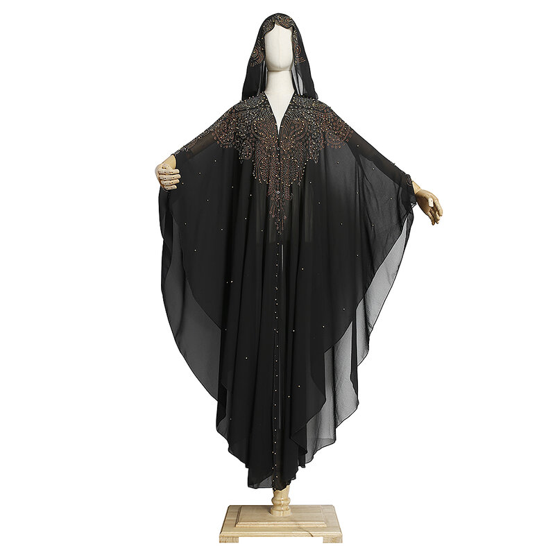 Md muçulmano kaftan abaya vestido quimono mulher dubai aberto pedras turcas chiffon vestido com capuz elegante africano grande solto boubou