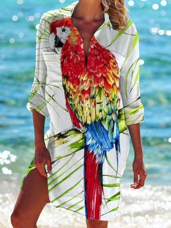Блузка женская с длинным рукавом, модная офисная рубашка с отложным воротником, на пуговицах, Пляжная Солнцезащитная блузка с карманами, топ в стиле бохо, на лето