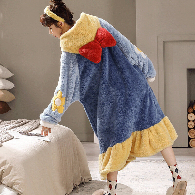 M-5XL Women'S Autumn/Winter Long Flannel Coral Fleece Snow White Cute Hooded Pajamas Nightgown Homewear