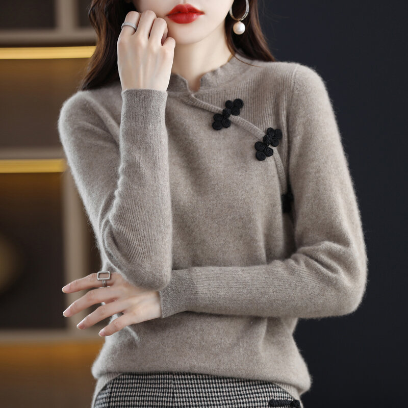 Suéter de lana pura para mujer, camisa de fondo, cuello redondo, Cachemira suelta, Retro, otoño e invierno, 100%