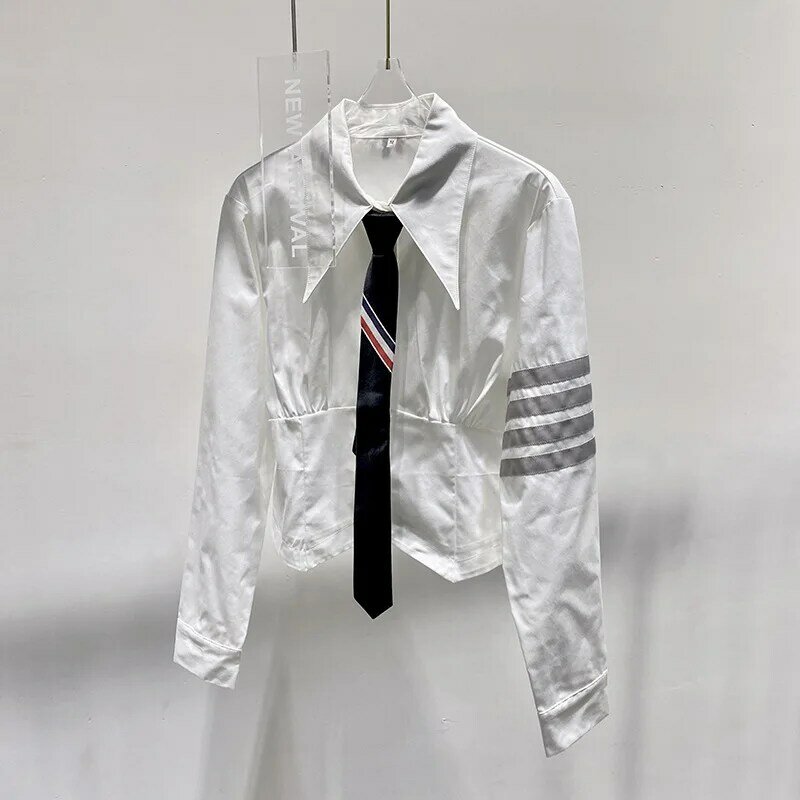High Quality Korean Style TB Slim Tie Long Sleeve Shirt Womens Spring and Summer New College White Bottoming Shirt