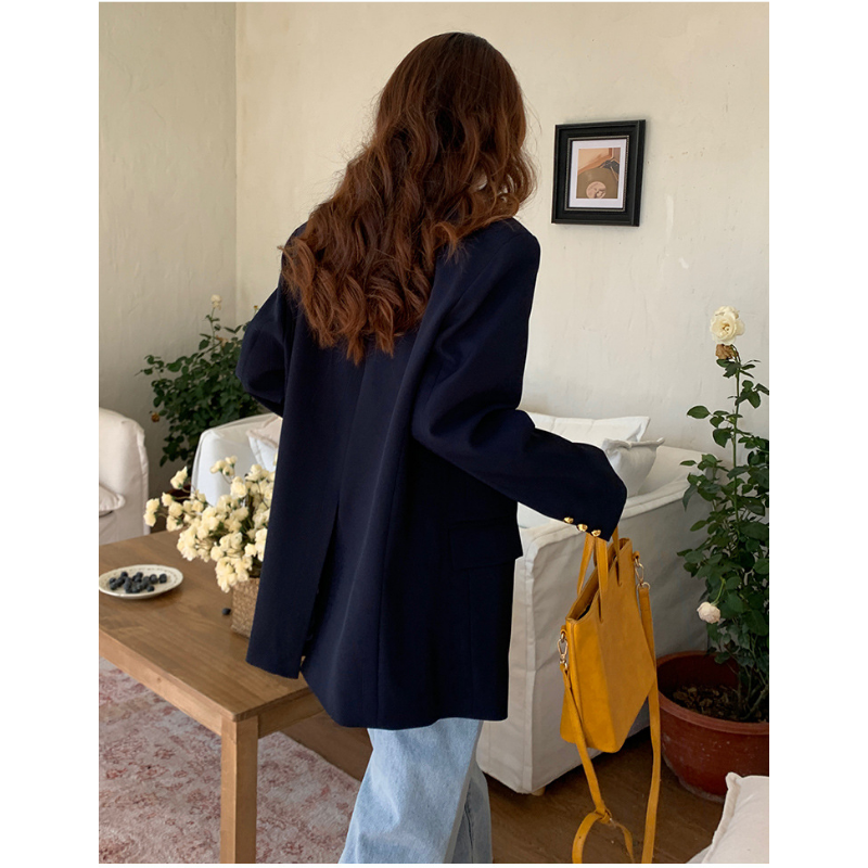 Осенние блейзеры для женщин 2023 темно-синие пальто костюм средней длины свободные золотые пуговицы с разрезом сзади карманы удобная женская одежда для отдыха