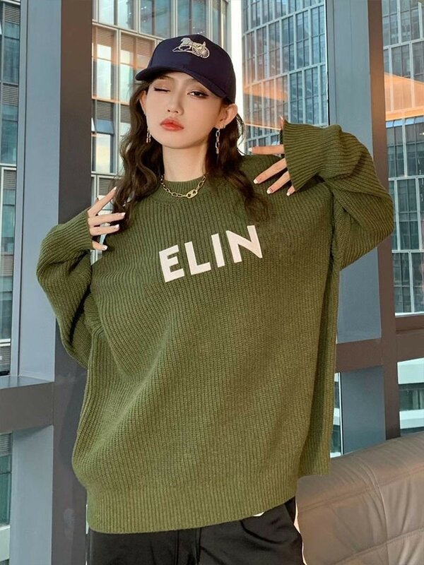 Lazy letter round neck sweater olive green female loose knit trendy brand new autumn and winter fashion