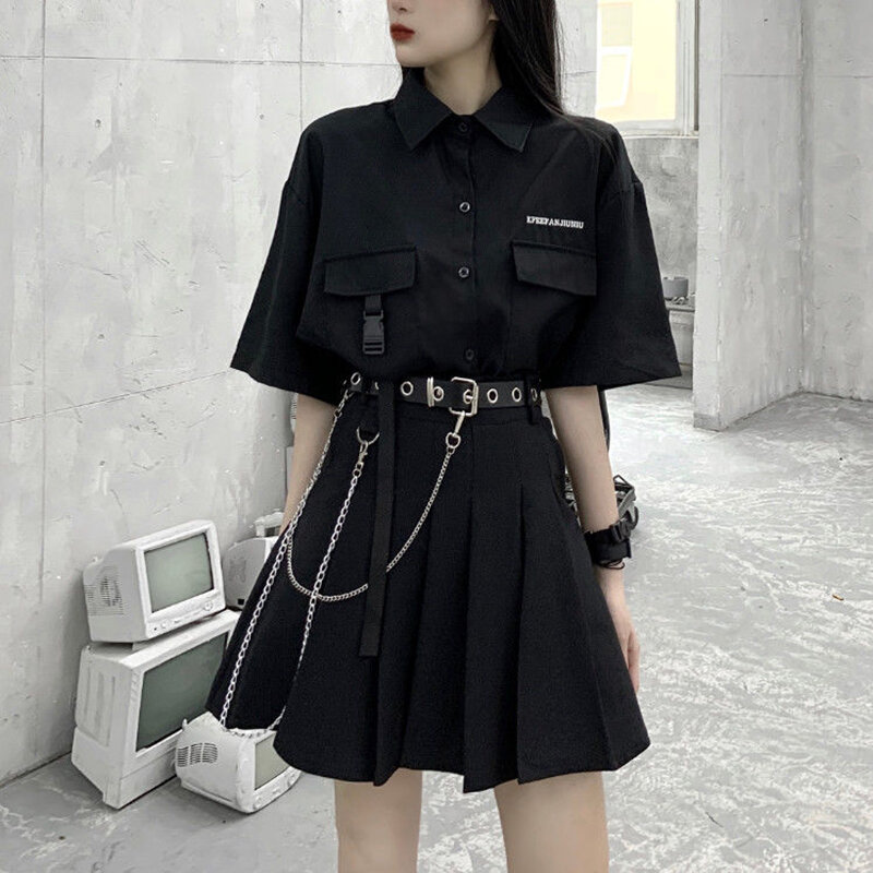 Ensemble Mini jupe plissée pour femmes, vêtements gothiques, coupe vent foncé, Punk, ceinture, chaîne, taille haute, Jk, Y2k, Version mignonne Harajuku