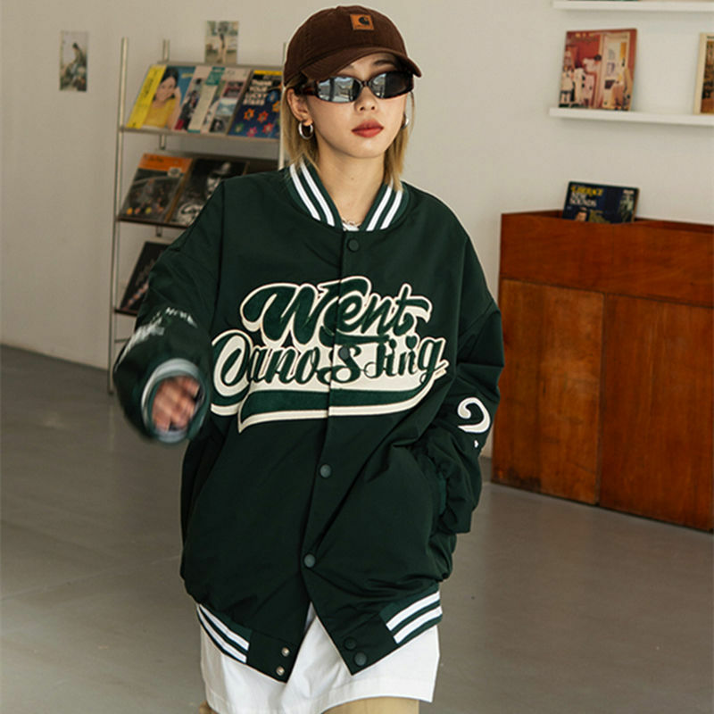 ยุโรปและอเมริกาตัวอักษรเย็บปักถักร้อยเสื้อผู้หญิง Street Hip-Hop เบสบอลเสื้อ Y2K คู่ Casual All-Match แจ็คเก็ต