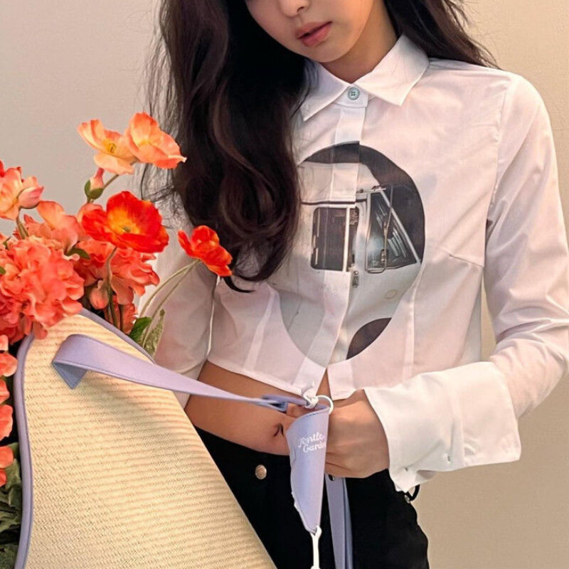 HOUZHOU Print Slim White Shirt Woman Sexy Y2k Long Sleeve Crop Top Korean Fashion Casual Cropped Button Up Shirt Chic Blouse
