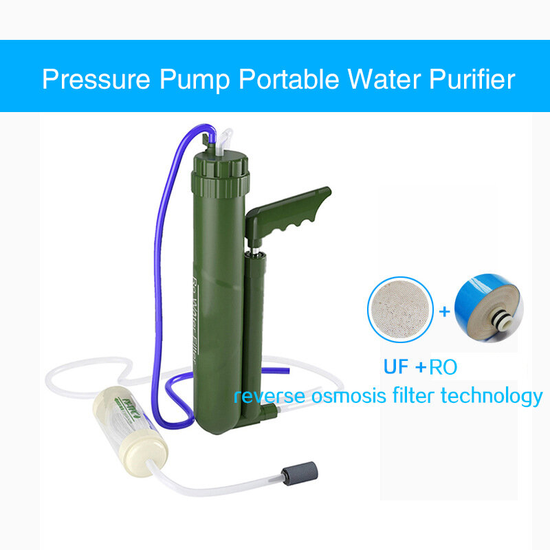 Purificador de agua al aire libre portátil, limpio e higiénico UF, bomba de presión manual tipo RO, filtro de ósmosis inversa, purificador de agua
