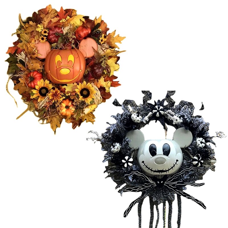 Decoración de corona de calabaza de Mickey, decoración de puerta delantera de Acción de Gracias de Halloween, adornos colgantes de plástico para fiesta de vacaciones al aire libre