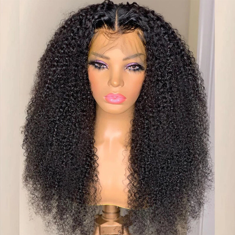 26Inch Long Curly Wig 200 Density Natural Black Soft Kinky Wigs Glueless Lace Front Wigs Baby Hair Heat Resistant Fiber Wig
